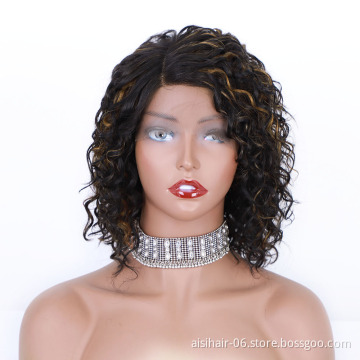 AISI Cheap Vendor Short Bob Front Lace Wigs Curly Wave Mixed Brown Brazilian Human Hair Lace Front Wigs For Black Women